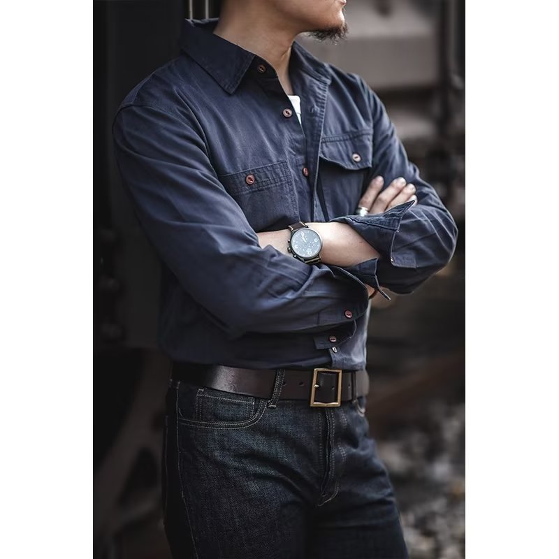 Men’s Workwear Amekaji Long-Sleeve Shirt – Lapel Cardigan Style