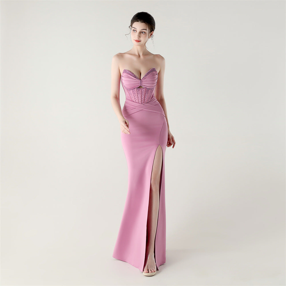 Women Sexy Corset Evening Dress for Formal Occasions &amp; Party – Strapless Satin Beaded Lace Slim Fit Maxi Gown