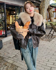 Real Shot Brown Rabbit Fur Liner Leather Jacket
