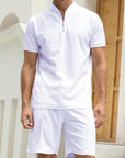 Simple POLO Men's Zip-up Shirt Short Sleeve Crew Neck Casual Shorts Suit