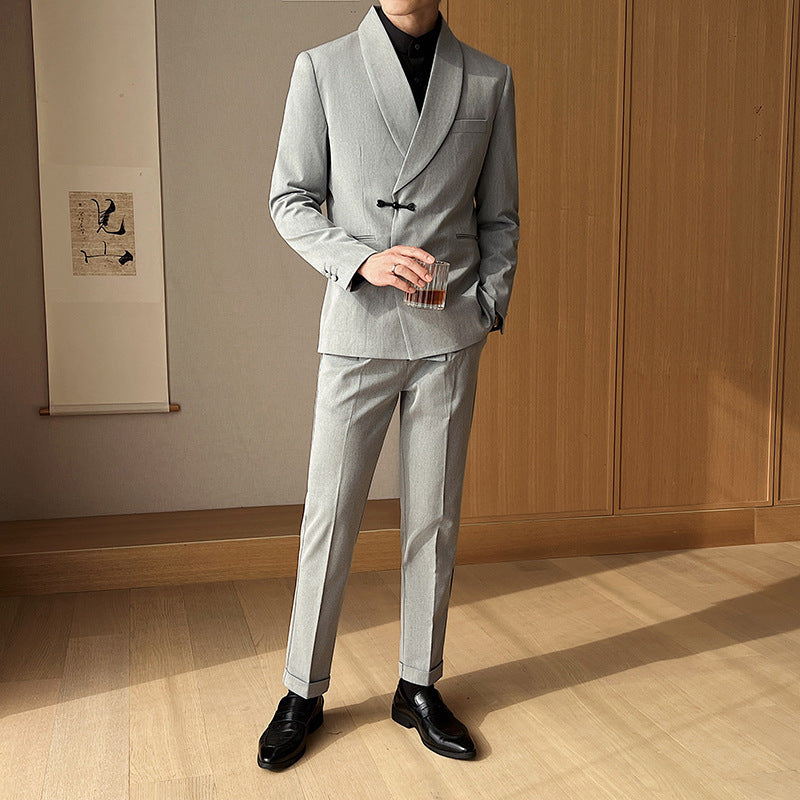 Men’s Retro Solid Color Suit Set – Green Collar Two-Piece Slim Fit