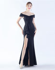 Women’s Satin Off-Shoulder Long Occasional Dress – Slim-Fit Elegant Evening Gown