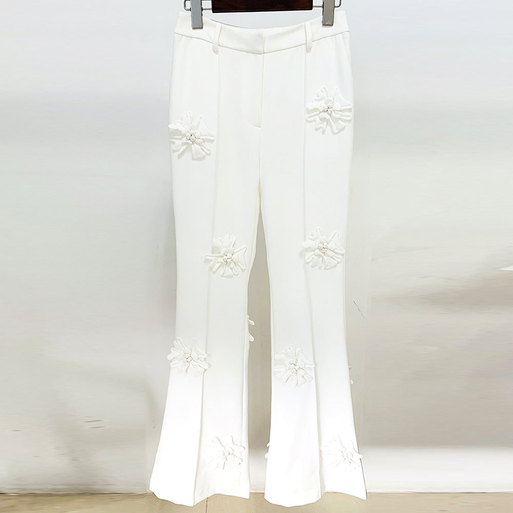 WHITE / PINK  Three-dimensional Flower Decoration Pants