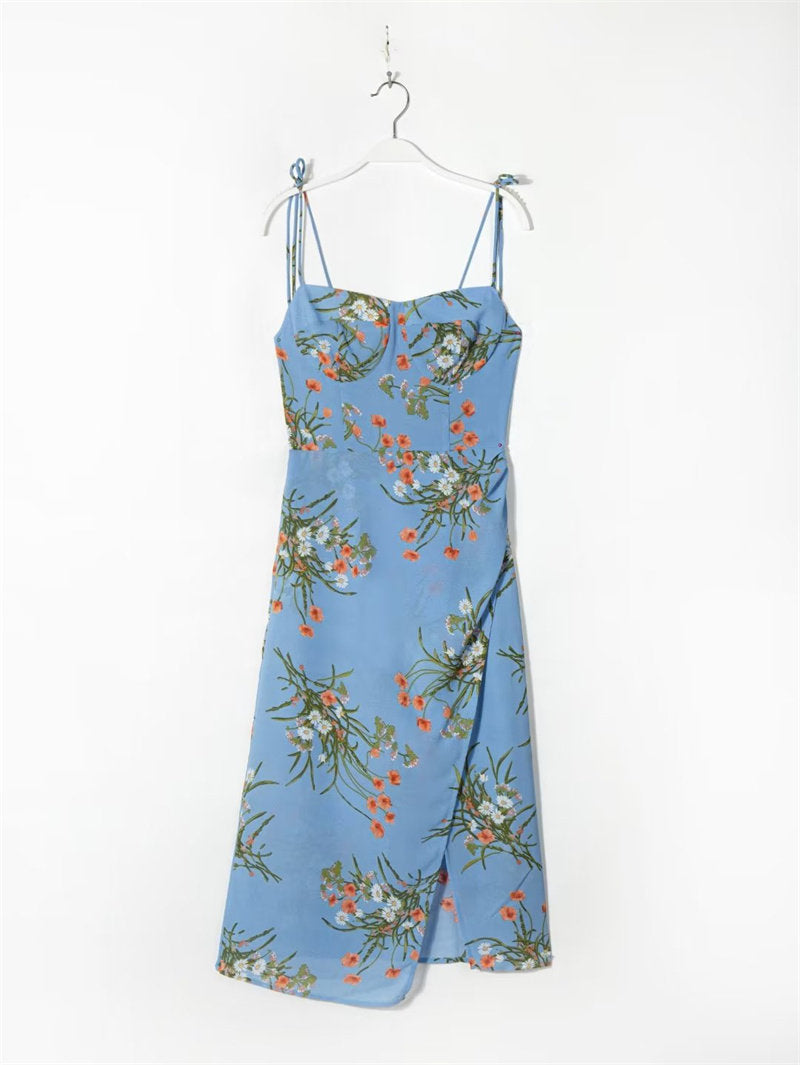 Women’s Violet Print Suspender Long Dress – Flowing Elegance with Cotton Comfort