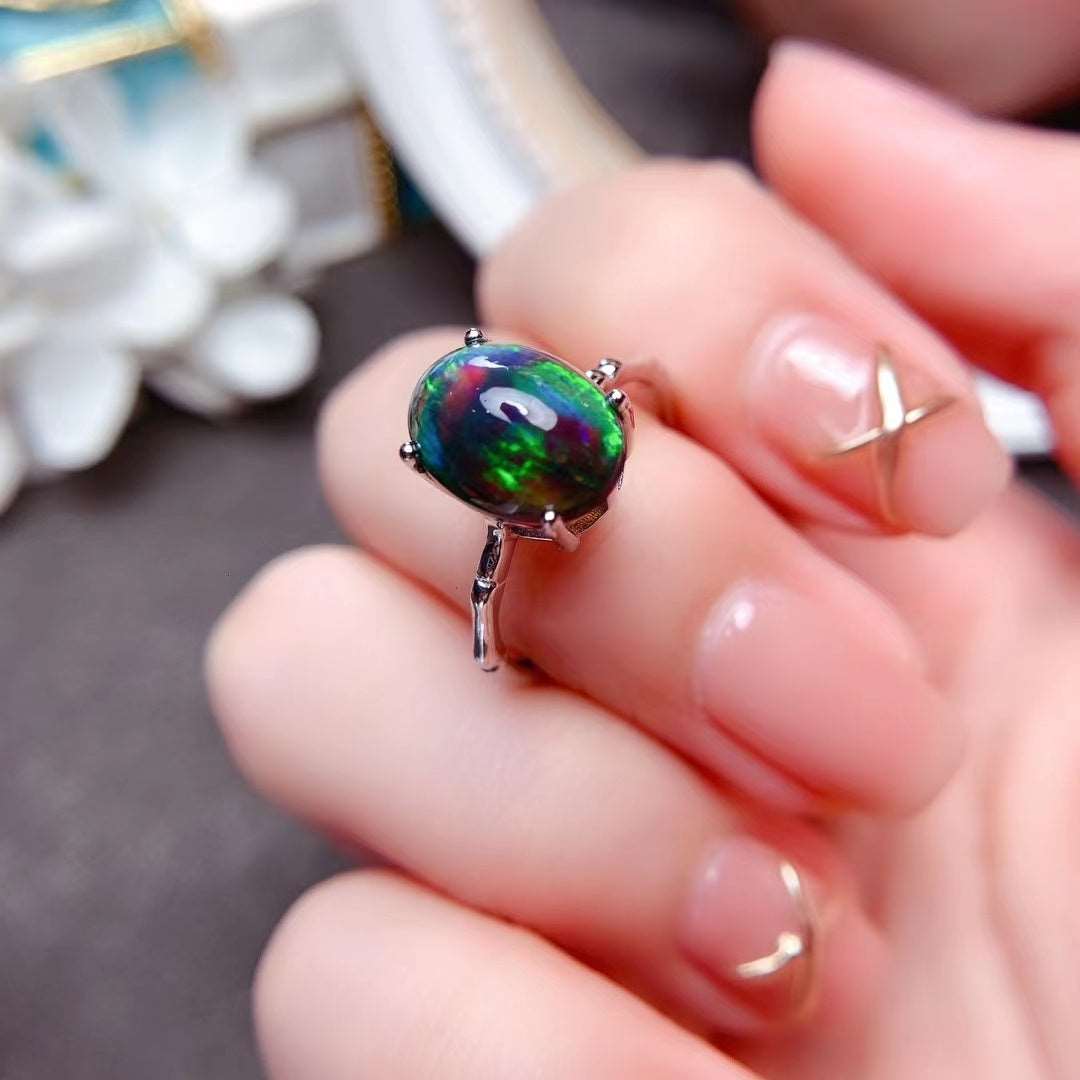 925 Silver Delicate Mosaic Natural Black Opal Ring  (3 to 7 days shipping)