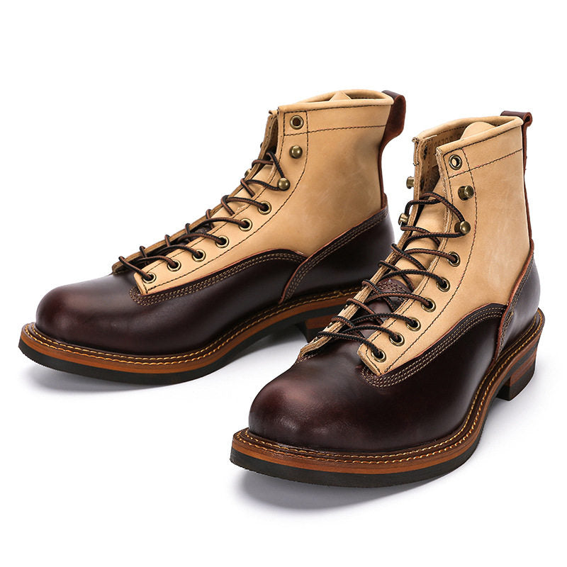 Men Genuine Leather Cowboy Work Boots – Premium Top-Grain Cowhide Lace-Up Motorcycle Western High-Top Ankle Boots