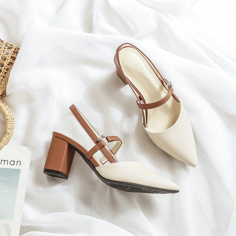 Women’s Pointed Toe T-Strap Buckle Sandals – Elegant Open-Back Chunky Block Heel (6.5cm) Dress Shoes for Casual, Office &amp; Party Wear