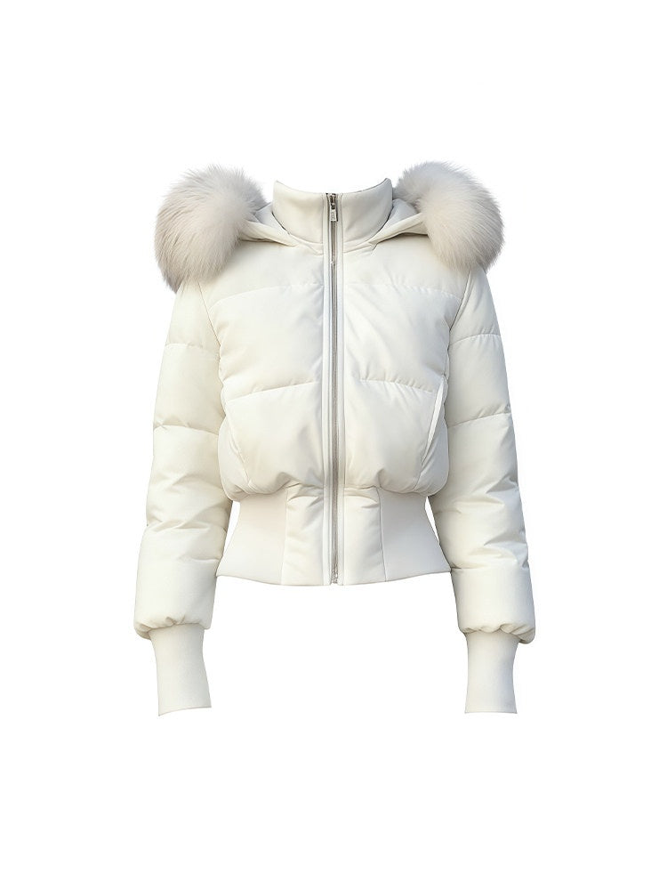Women’s Waist-Cinching Down Jacket with Detachable Fur Collar – Short Puffer Coat with Warm Insulation, Flattering Fit &amp; Stylish Winter Design