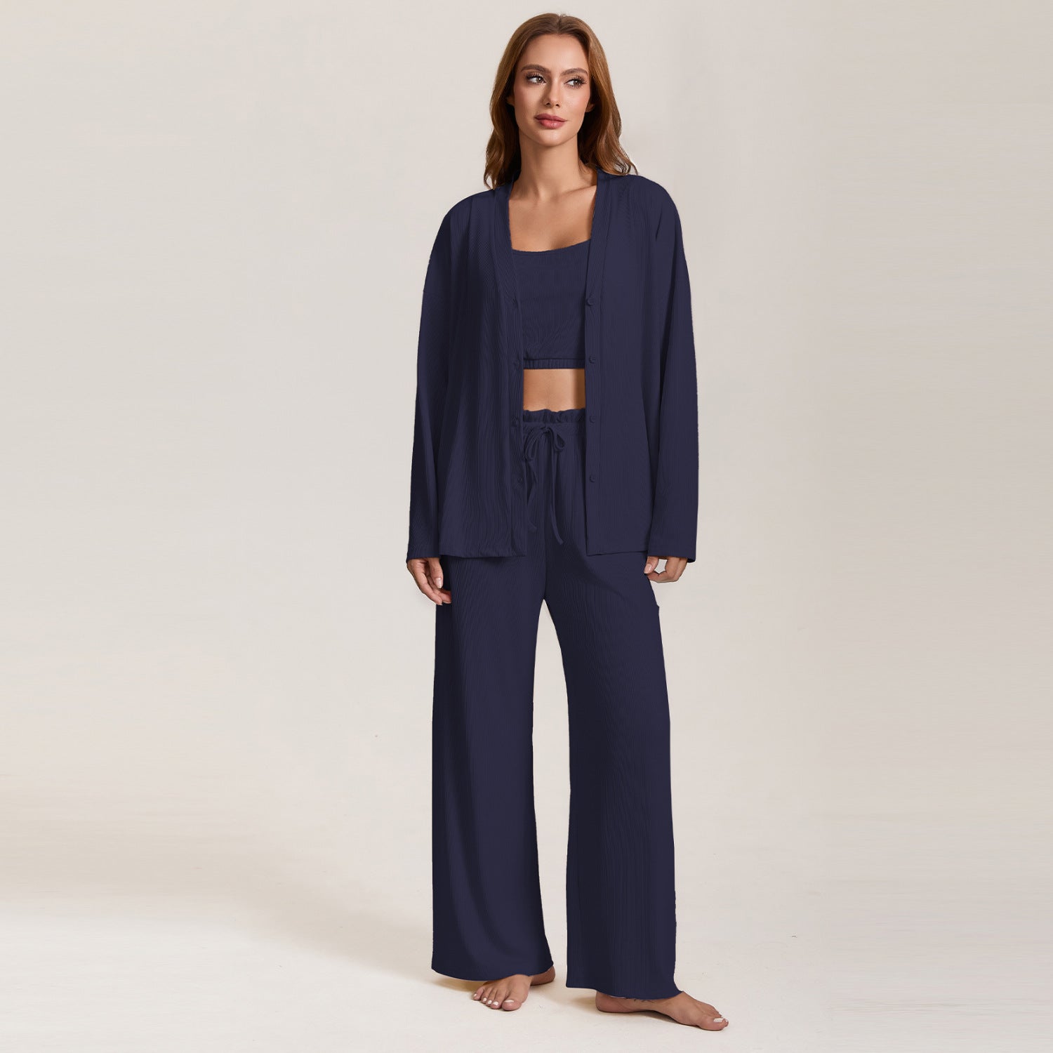 Women’s Three-Piece Viscose Pajama Set – Sling Top, Long Sleeve Jacket &amp; Pants Soft Breathable Lounge Sleepwear