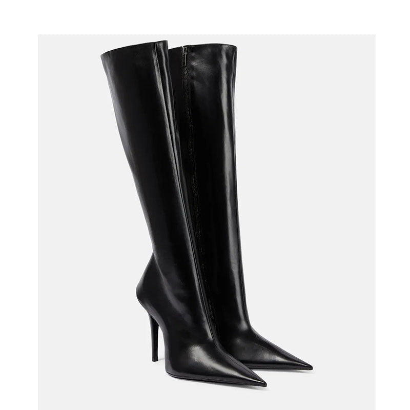 Women’s Stiletto Heel Pointed Toe Side-Zip Knee-Length Boots – Sleek Black Elegance