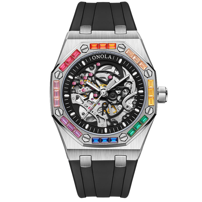 Men&#39;s Silicone Band Rainbow Diamond Automatic Mechanical Watch