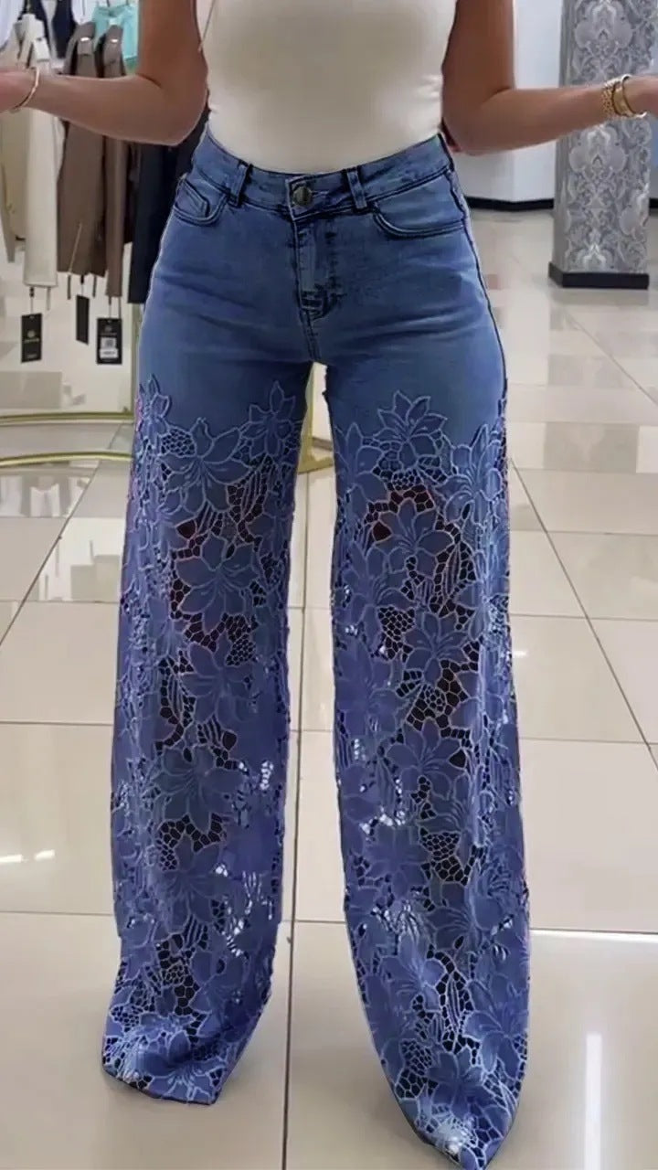 Y2K Lace Flower Hollow Jeans – High Waist, Wide Leg &amp; Effortlessly Chic