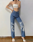 🦋 Women’s High-Rise Straight-Leg Butterfly Print Jeans – Street Style