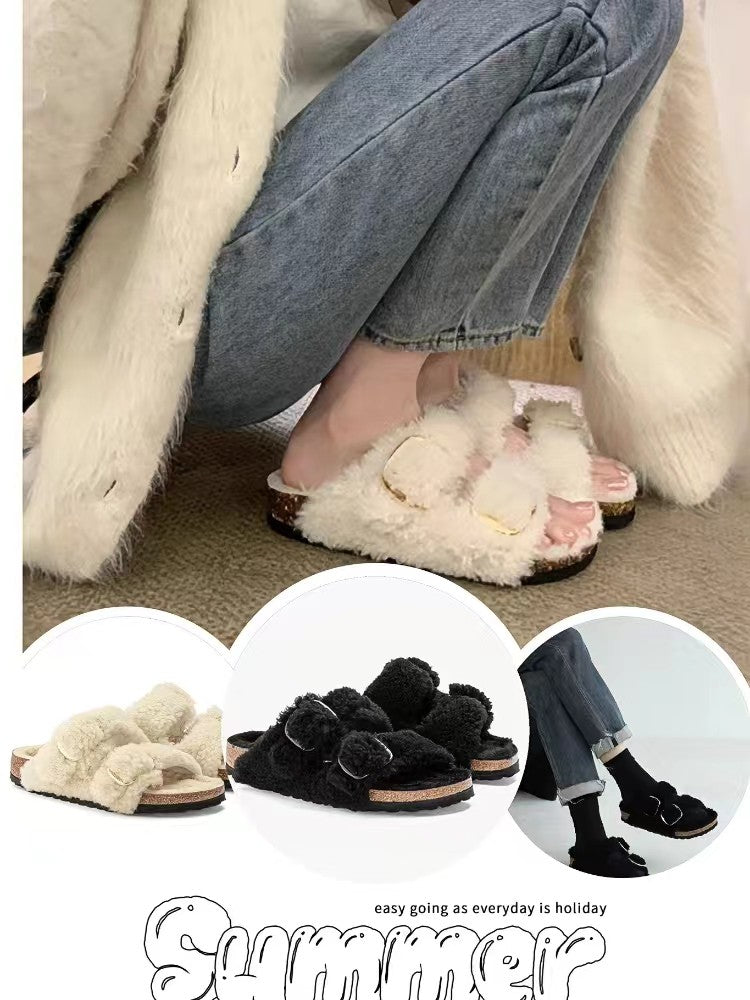 Women’s Lazybones Outdoor Fur Slippers – Warm Cotton Cork Sole Casual Non-Slip Slides