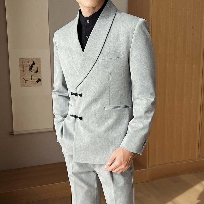 Men’s Retro Solid Color Suit Set – Green Collar Two-Piece Slim Fit