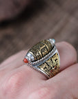 S925 Silver Vintage Craftsmanship Golden Rotatable Six-character Mantra Ring men