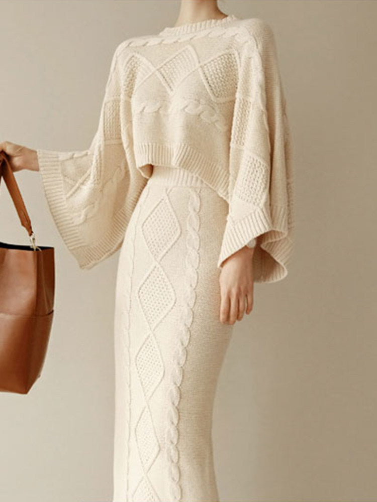Women’s Knitted Bat-Sleeve Sweater &amp; Skirt Set – Sweet Elegance with Effortless Comfort