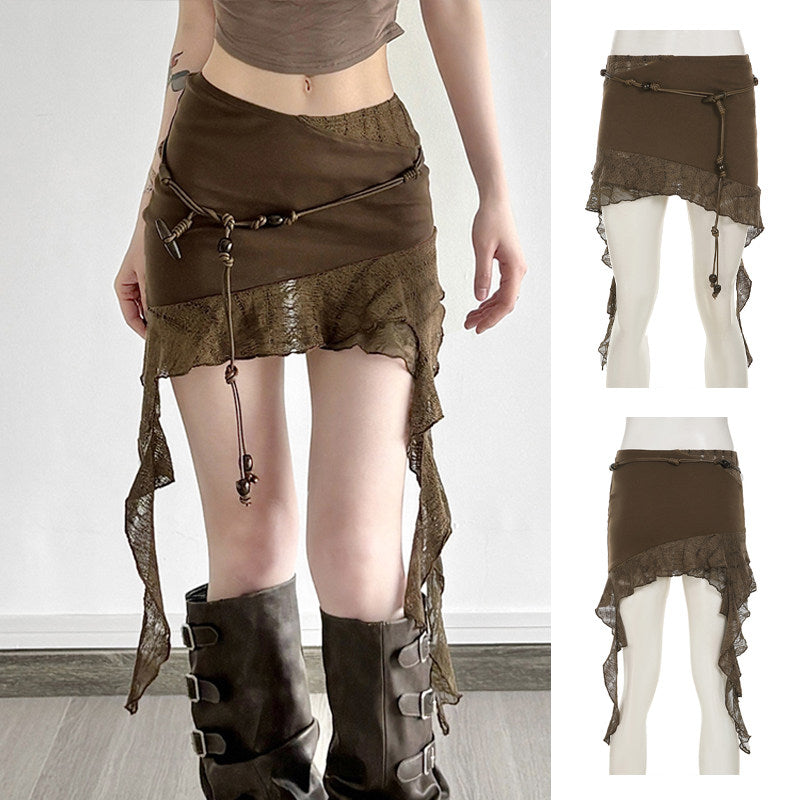 Women’s Asymmetrical High Waist A-Line Skirt – Ruffled Street Style Midi Skirt with Lace Detail &amp; Slim Fit