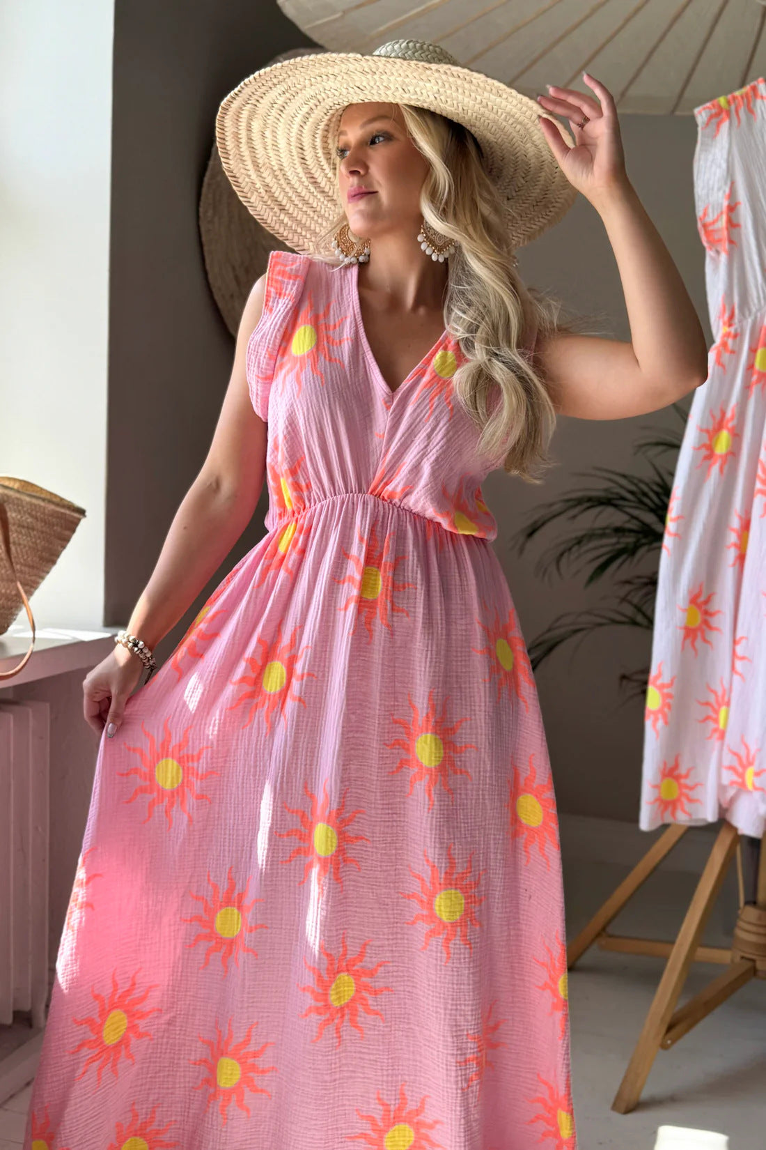 Women Floral Printed Long Dress – Sleeveless V-Neck A-Line Beach Maxi Dress