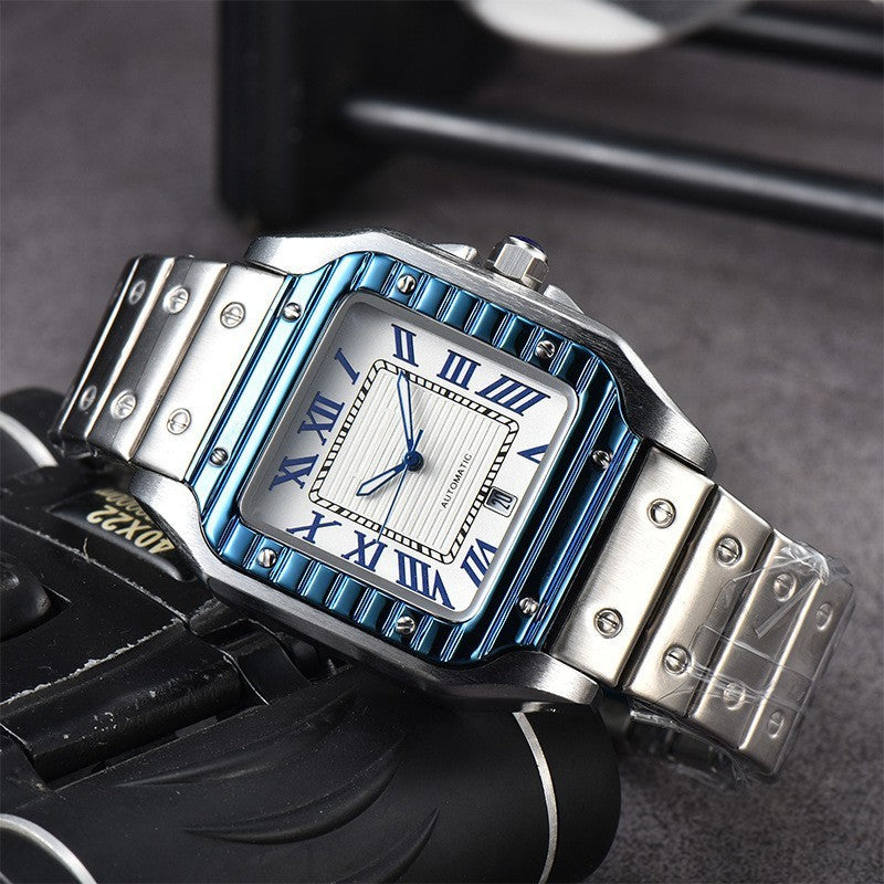 Men&#39;s 3-pin Quartz Square All-steel Watch