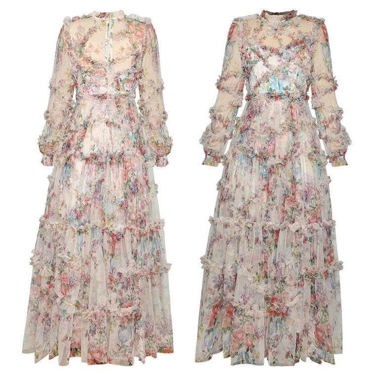 Women’s Elegant Organza Pleated Dress – Floral Long-Sleeve A-Line Apricot Midi Dress