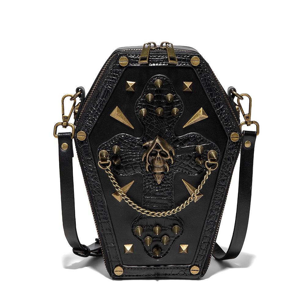 Women’s Gothic Coffin Shape Crossbody Bag – PU Leather Shoulder Purse with Chain Detail &amp; Adjustable Strap