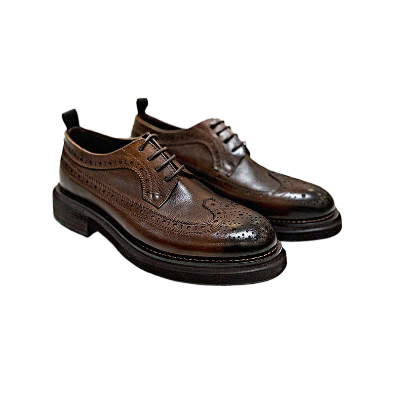 Men Brogue Genuine Leather Shoes – Classic British Carved Lace-Up Dress Shoes with Height Increase Thick Sole