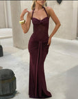 Women’s Elegant Halter Tie-Neck Mesh Ribbon A-Line Long Dress