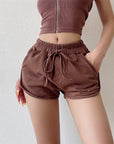 Women High-Waist Cotton Terry Shorts – Drawstring Casual Loose Fit Lounge Shorts with Pockets