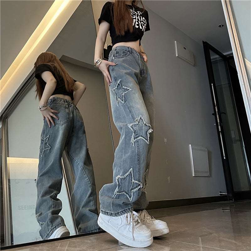 Blue Embroidered Jeans Women Loose Straight-leg Wide-leg Pants