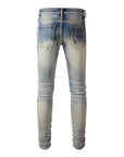 Iridescence Printed Patch Worn Baby Blue Jeans Male