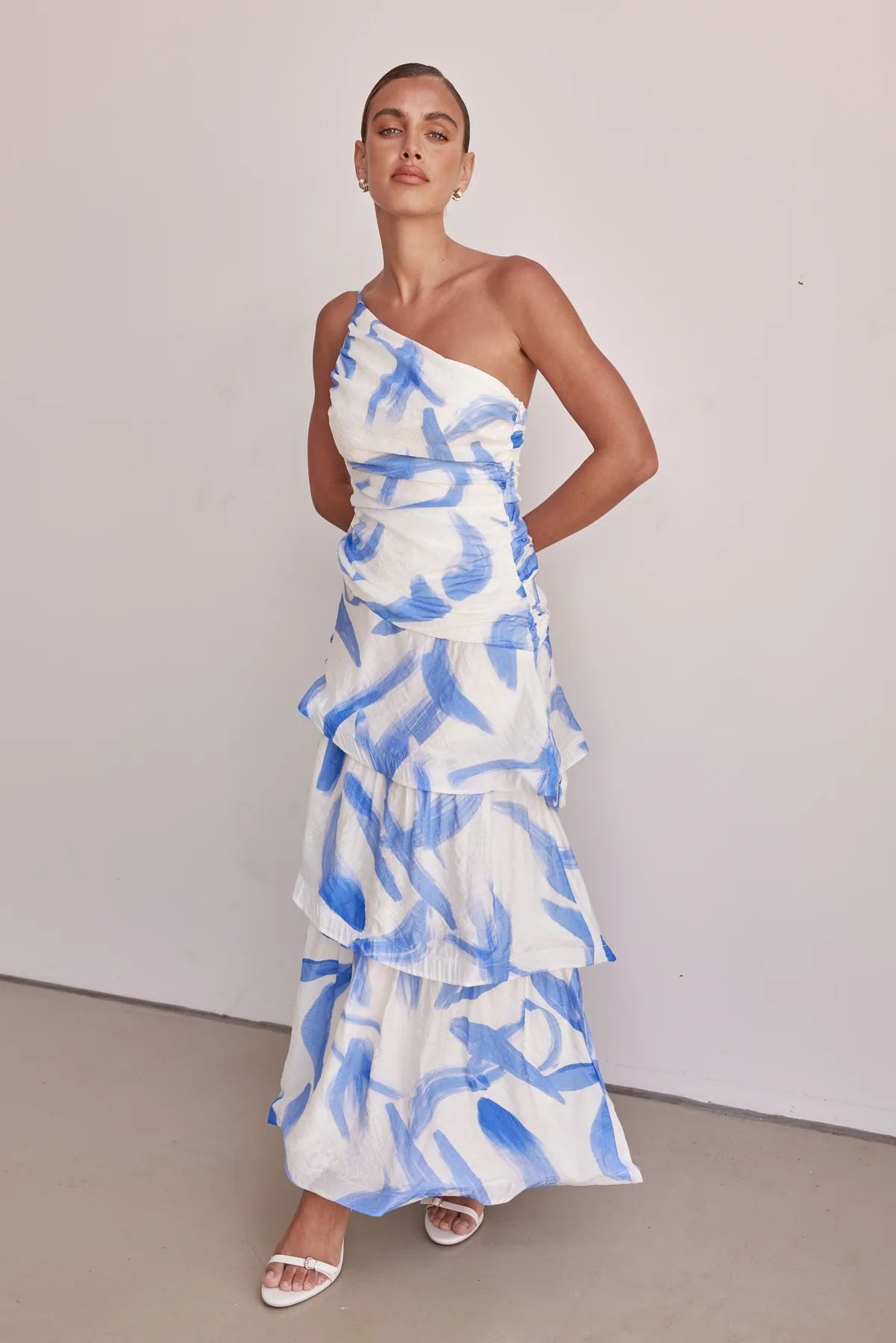 Robe longue à volants et imprimé floral pour femme (rose/violet/bleu) – Robe de soirée sexy sans manches en polyester