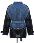 women Denim stitching leather jacket