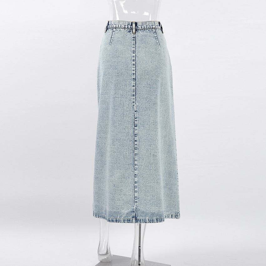 Women&#39;s Distressed Denim Maxi Skirt - Stretchy Washed A-Line Long Skirt (Spandex Blend, S-L) for Office &amp; Casual Wear