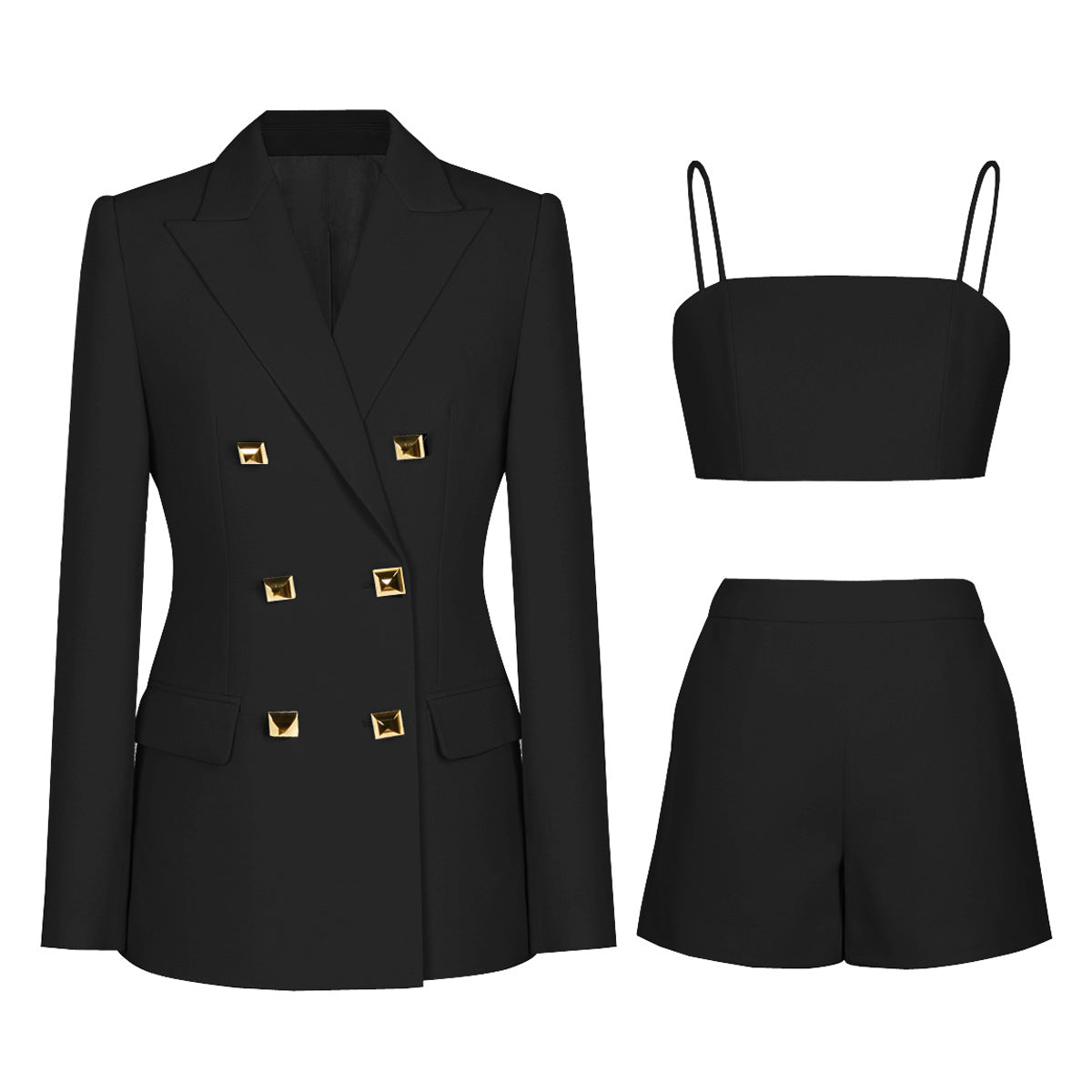 Women’s Suspenders Suit Set – Elegant 3-Piece Outfit with Blazer, Top &amp; Shorts in Stretch Spandex for Office, Commuter &amp; Chic Casual Wear