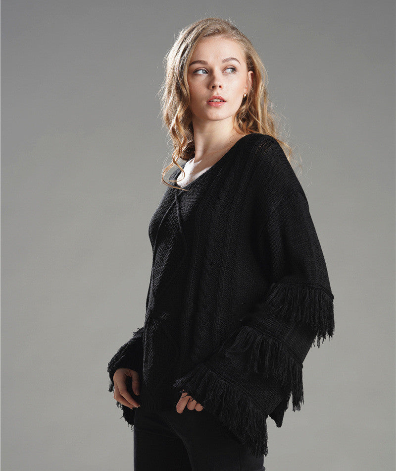 Loose Sweater Women Tassel Pure Color