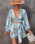 Women’s Autumn Floral V-Neck Long Sleeve Shorts Jumpsuit – Elegant Bohemian Chic Romper