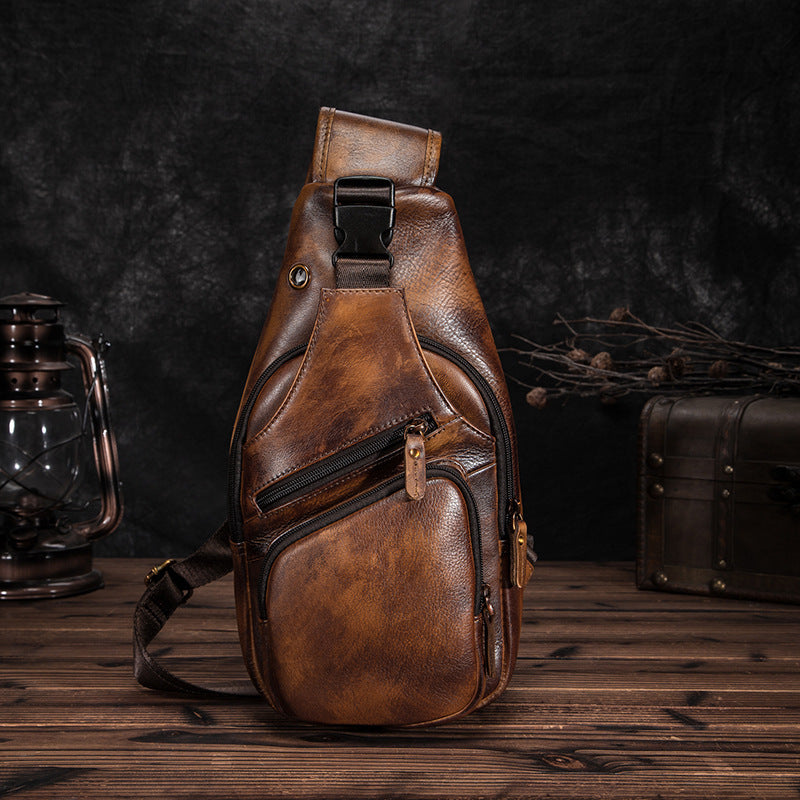 Men’s Genuine Cowhide Leather Chest Bag – Simple Retro Crossbody Satchel
