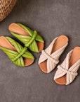 Women Hand-Woven Leather Slippers – Peep-Toe Summer Slip-On Sandals with Arch Support