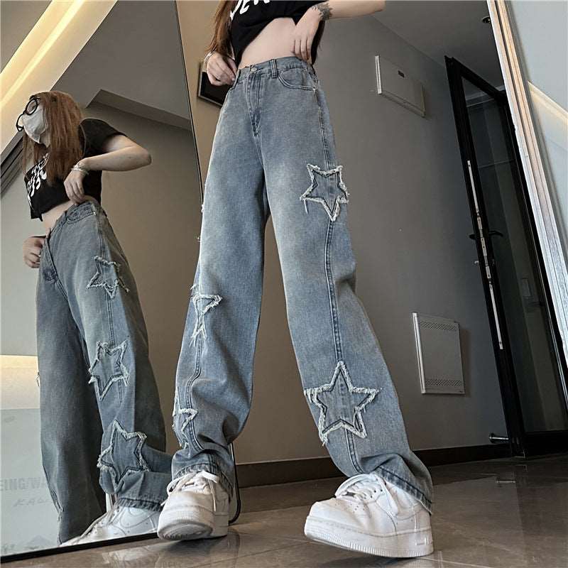 Blue Embroidered Jeans Women Loose Straight-leg Wide-leg Pants