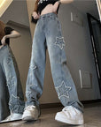 Blue Embroidered Jeans Women Loose Straight-leg Wide-leg Pants