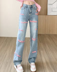 Women's Wide-leg Jeans Embroidered Letters Straight-leg Pants