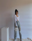 Women’s Slim Straight Loose Jeans – High Waist Distressed Denim