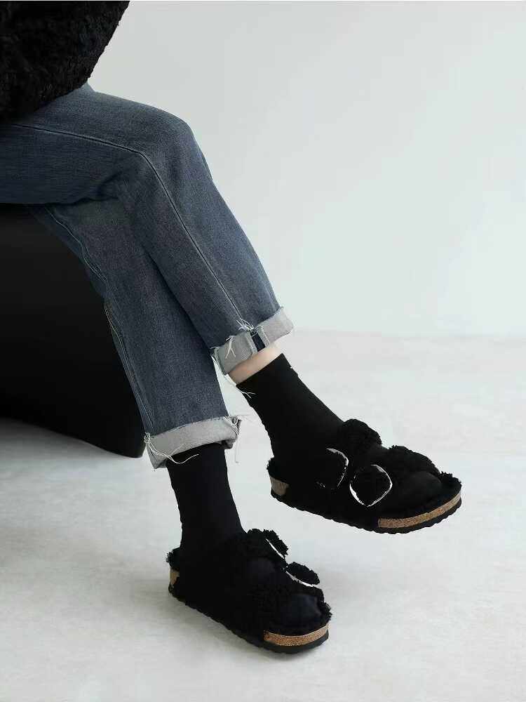 Women’s Lazybones Outdoor Fur Slippers – Warm Cotton Cork Sole Casual Non-Slip Slides