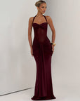 Women’s Elegant Halter Tie-Neck Mesh Ribbon A-Line Long Dress
