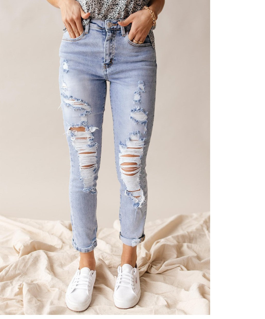 ✨ Jean court déchiré taille haute pour femme – Denim bleu clair vieilli (S-XL)