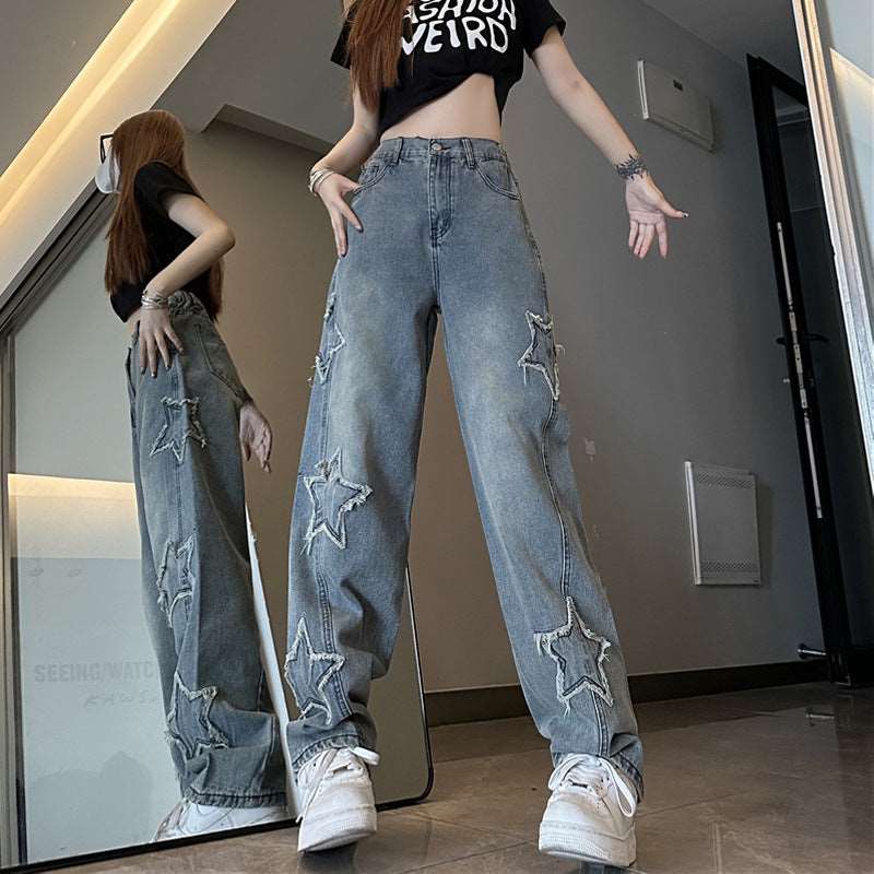 Blue Embroidered Jeans Women Loose Straight-leg Wide-leg Pants