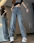 Blue Embroidered Jeans Women Loose Straight-leg Wide-leg Pants