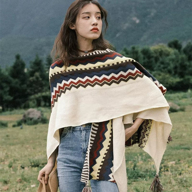 Bohemian Style Tassel Cape Knitted Warm Scarf women