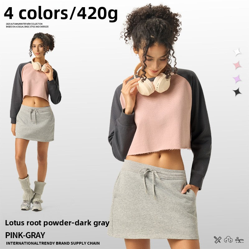 Women’s Contrast Color Raglan Long Sleeve Crop T-Shirt – Slim Fit Round Neck Casual Top